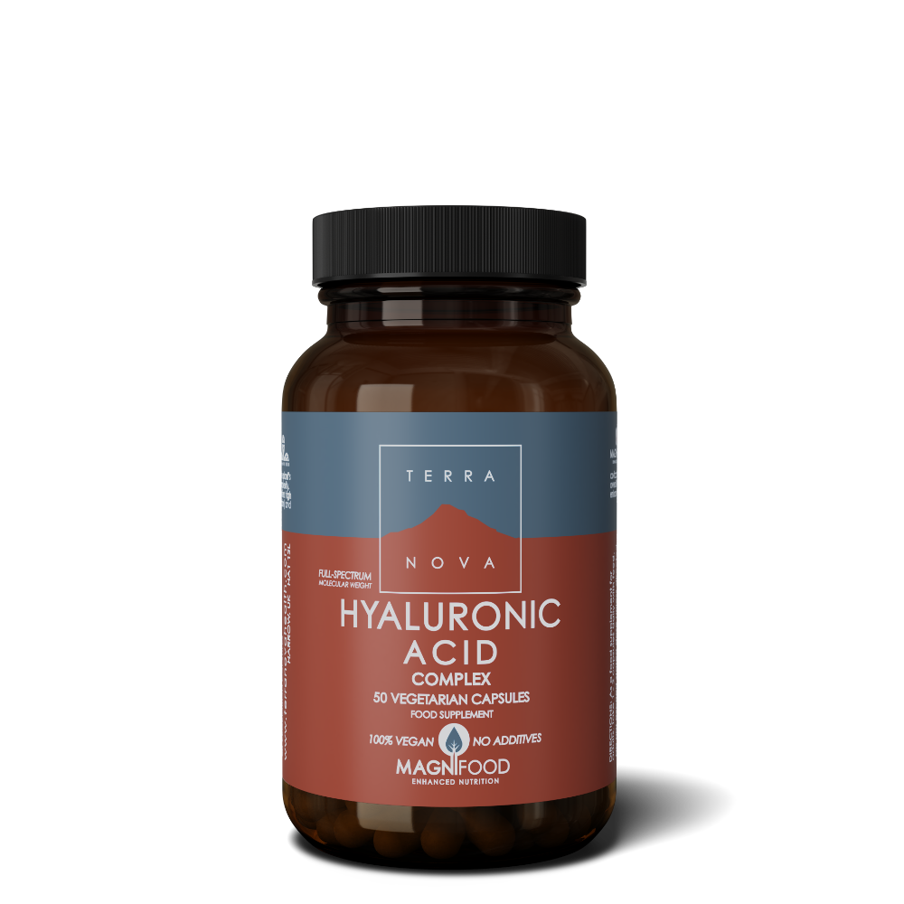 A bottle of Terranova Hyaluronic Acid Complex capsules with the MAGNIFOOD blend.