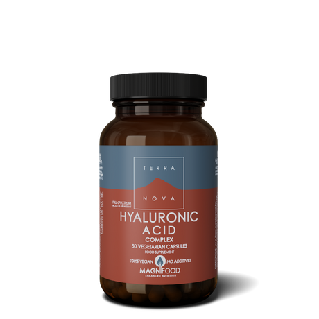 A bottle of Terranova Hyaluronic Acid Complex capsules with the MAGNIFOOD blend.