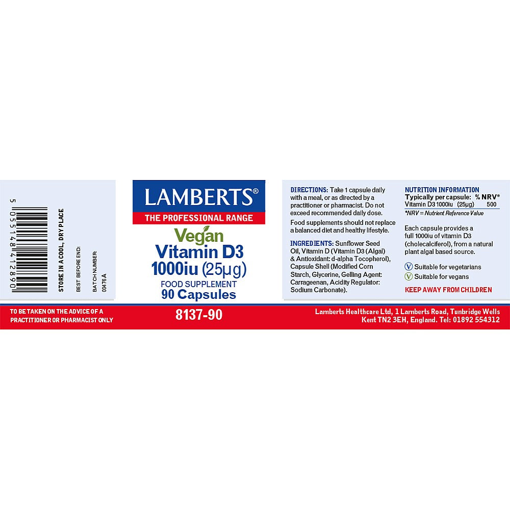 LAMBERTS Vegan Vitamin D3 1000iu (25µg)