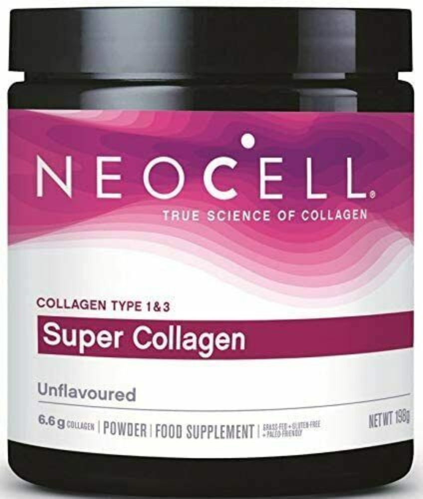 Neocell Super Collagen powder container with pink and black design
