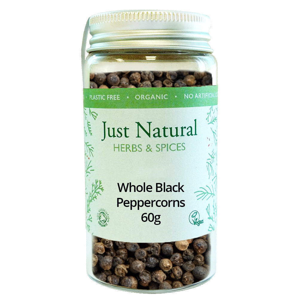Just Natural Herbs Organic Black Peppercorns (Glass Jar)