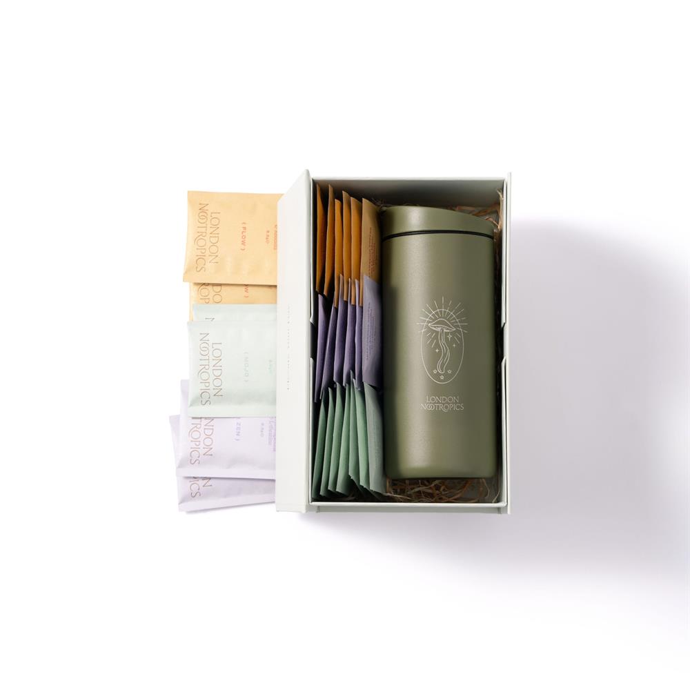 London Nootropics Gift Box: Kahki MiiR Travel Cup + 18 sachets