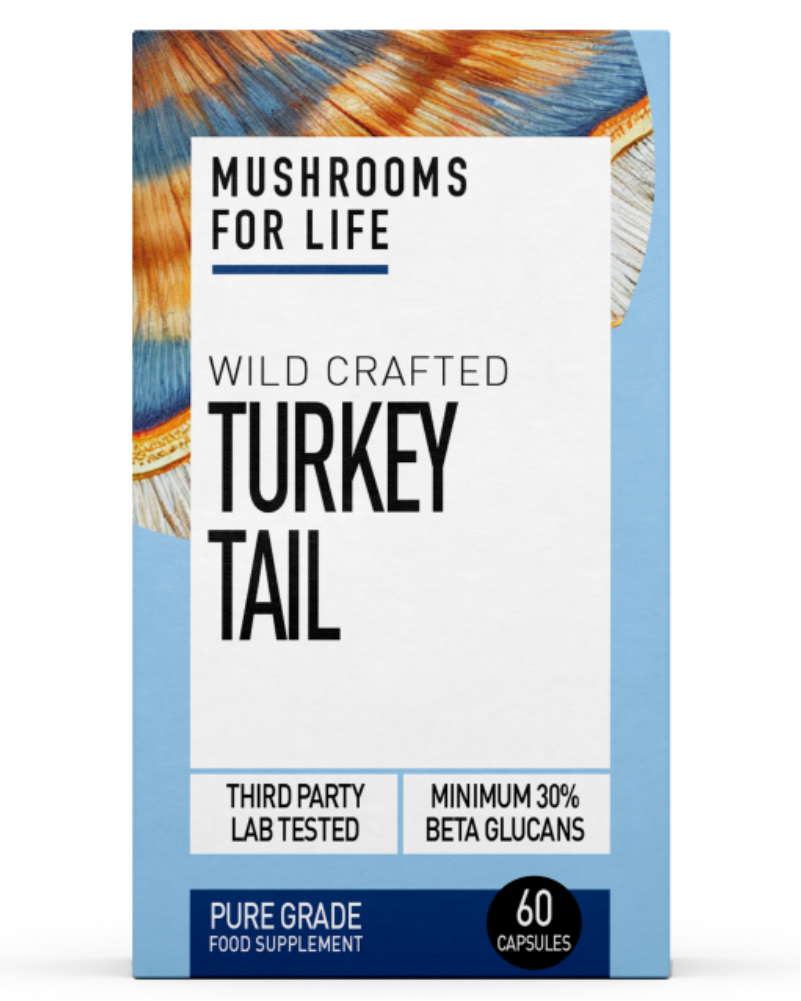 A box of Mushrooms For Life Wild Crafted Turkey Tail mushroom supplement capsules.