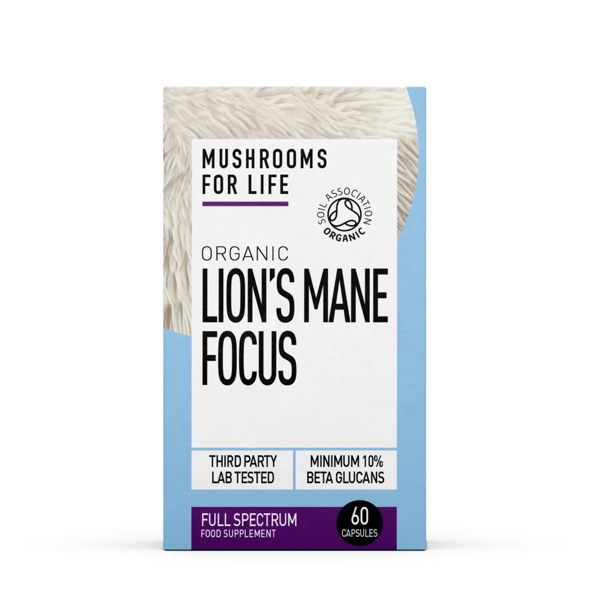 A package of 'Mushrooms For Life Organic Lion's Mane Focus' with 60 capsules for full spectrum lion's mane.