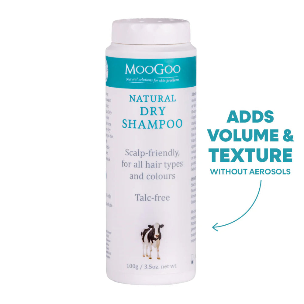 MooGoo natural dry shampoo container with text on a white background