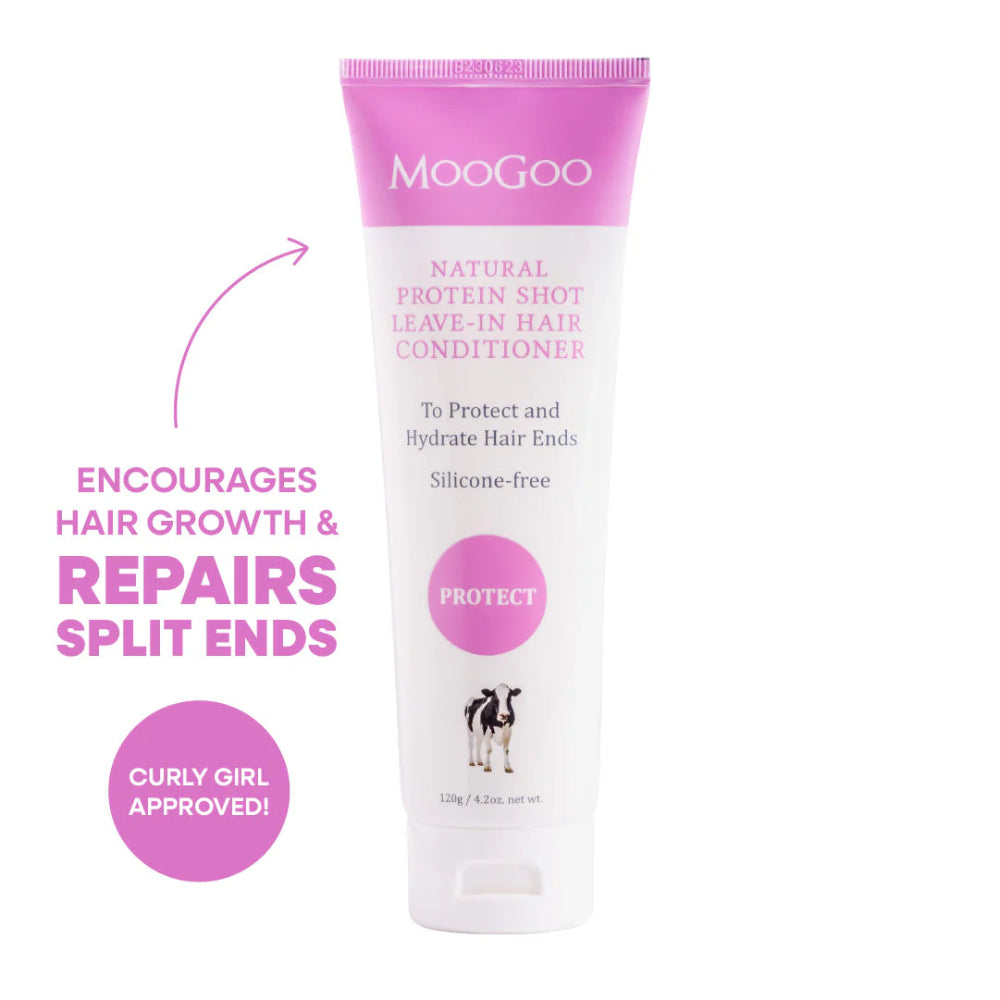 Moogoo hair conditioner tube with pink label on a white background