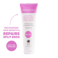 Moogoo hair conditioner tube with pink label on a white background