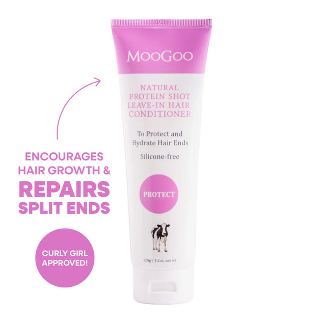 Moogoo hair conditioner tube with pink label on a white background