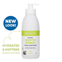 MooGoo natural sensitive scalp cream conditioner bottle with text on a white background