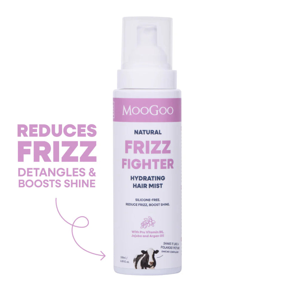 Moogoo Frizz Fighter hair mist bottle on a white background