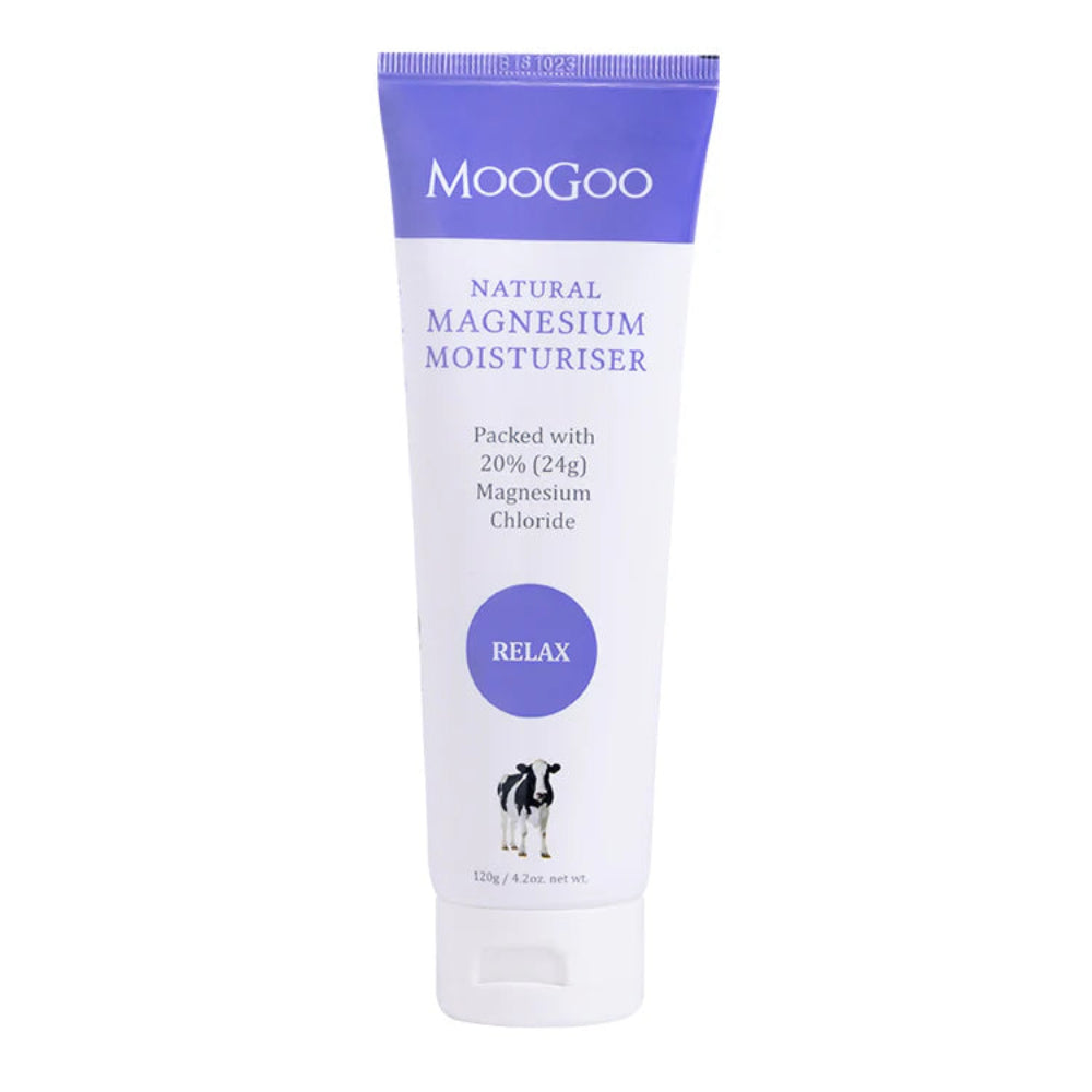 Moogoo Natural Magnesium Moisturizer tube on a white background