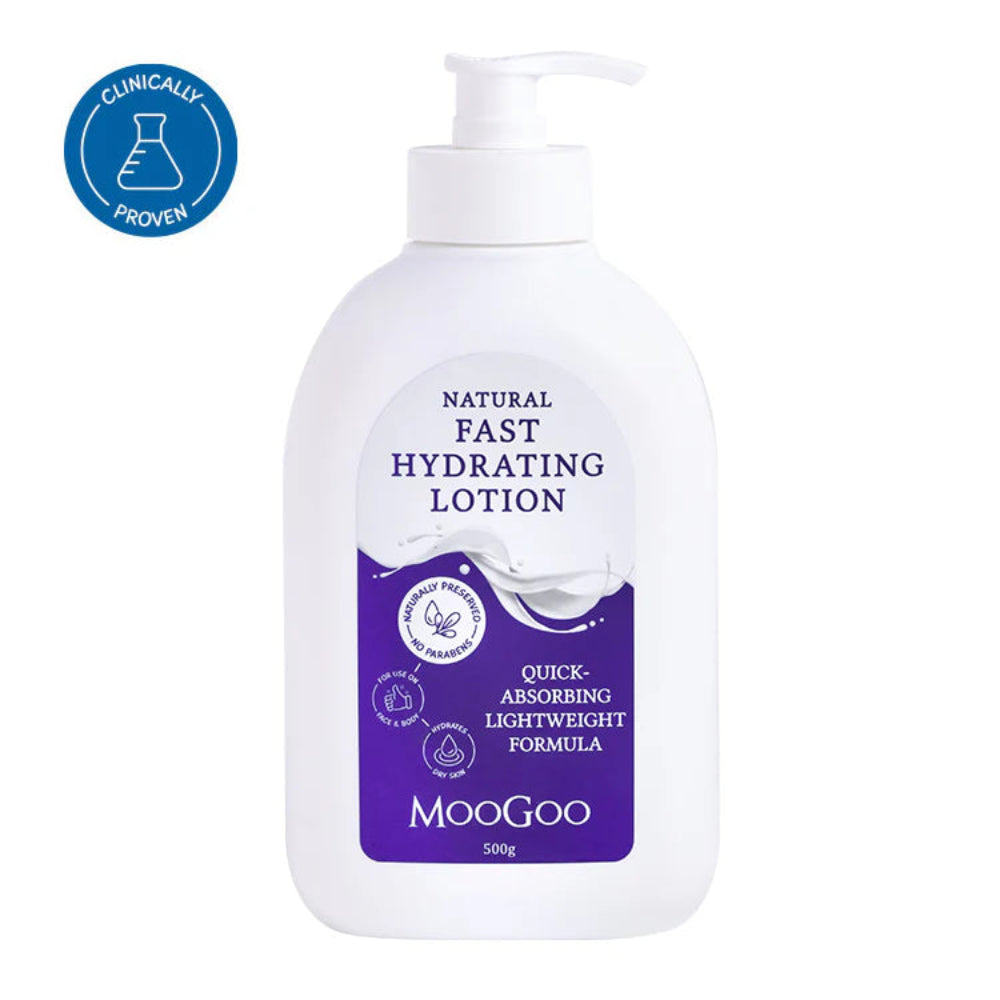 MooGoo natural fast hydrating lotion bottle with purple label on a white background