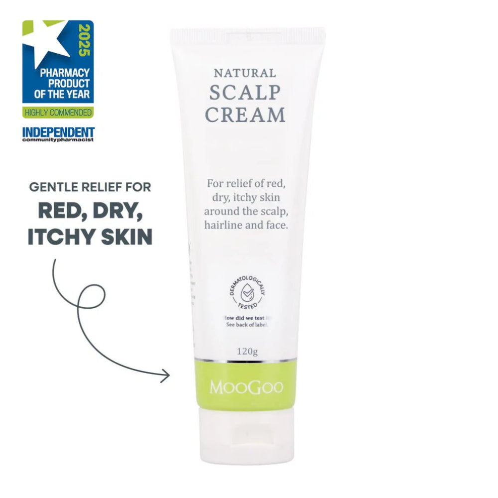 MooGoo Natural Scalp Cream tube with branding and product description on a white background