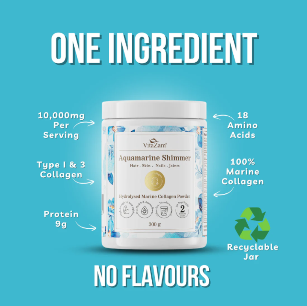 VitaZam Aquamarine Shimmer collagen powder container with product details on a blue background