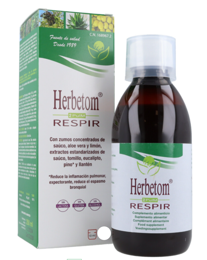 Herbetom Respir syrup bottle and packaging on a white background