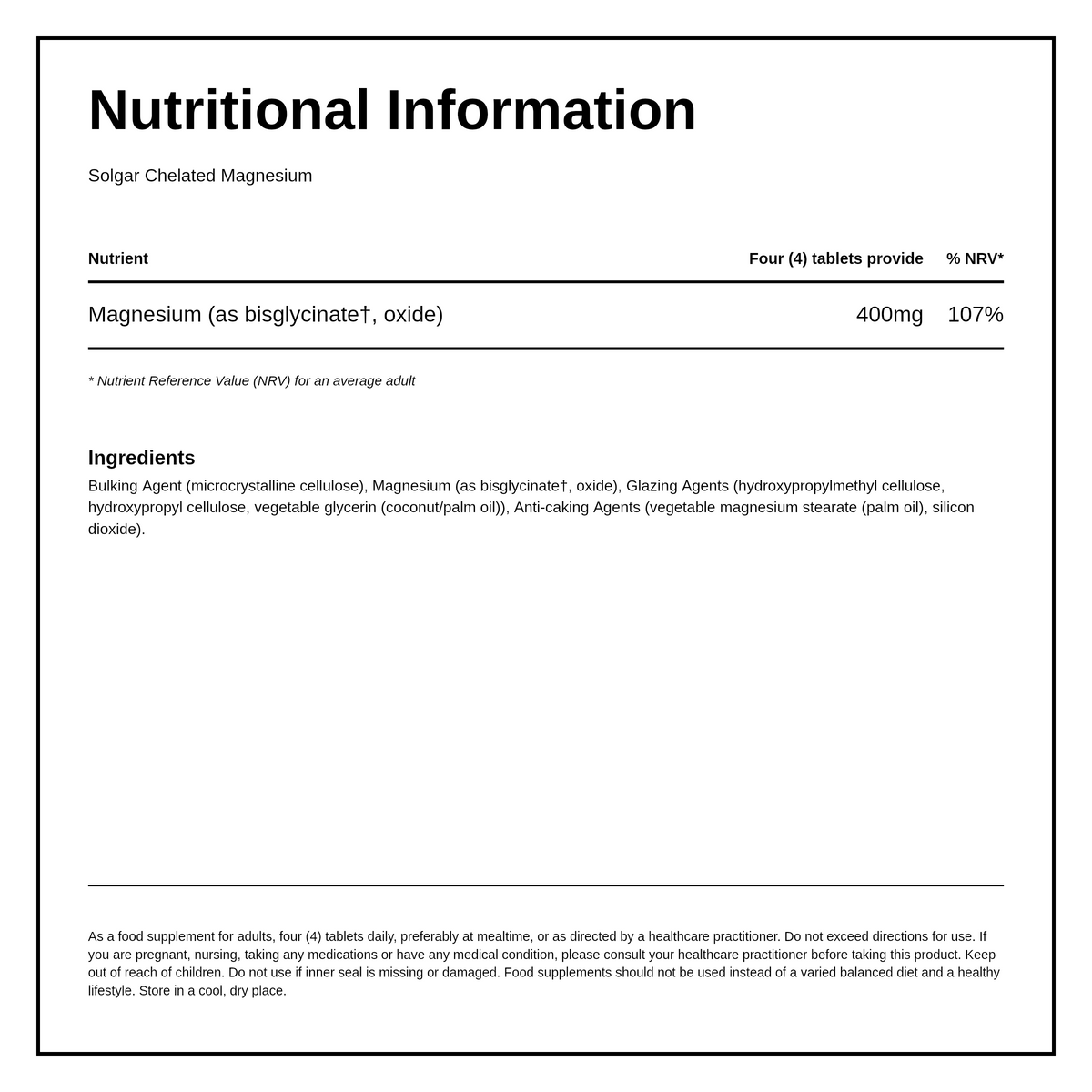 Solgar Chelated Magnesium — nutrition information panel, generated from the pack