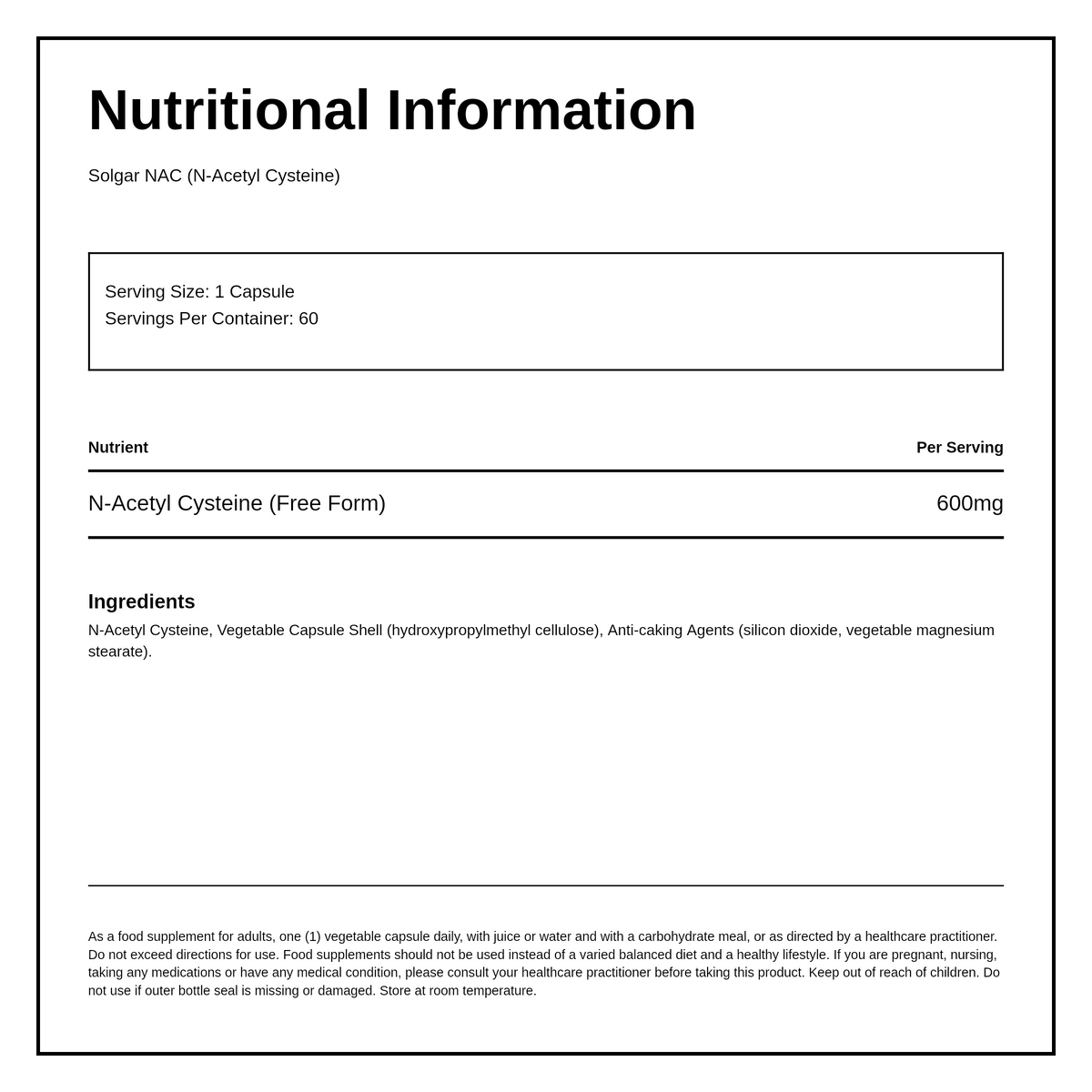 Solgar NAC (N-Acetyl Cysteine) 600 mg — nutrition information panel, generated from the pack