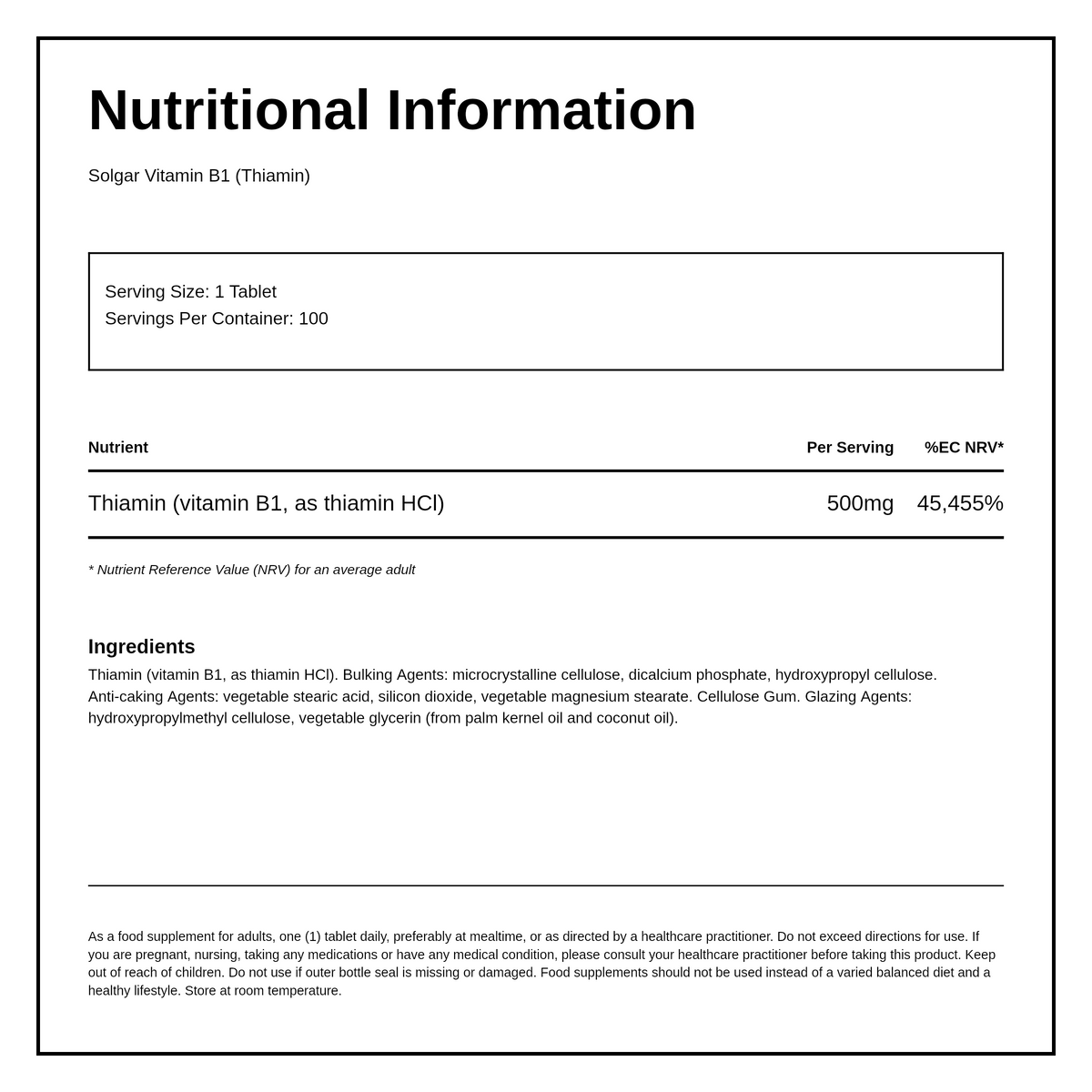 Solgar Vitamin B1 (Thiamin) 500 mg — nutrition information panel, generated from the pack