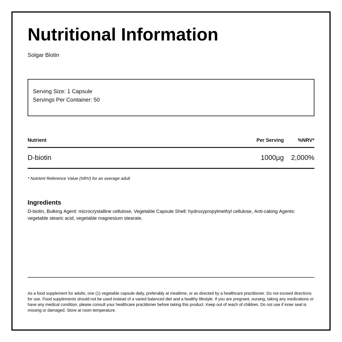 Solgar Biotin 1000 mcg — nutrition information panel, generated from the pack