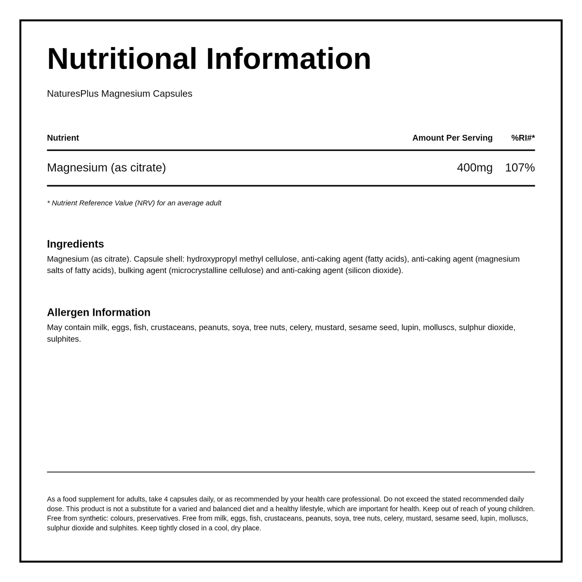 Nature's Plus Kalmassure Magnesium Capsules — nutrition information panel, generated from the pack