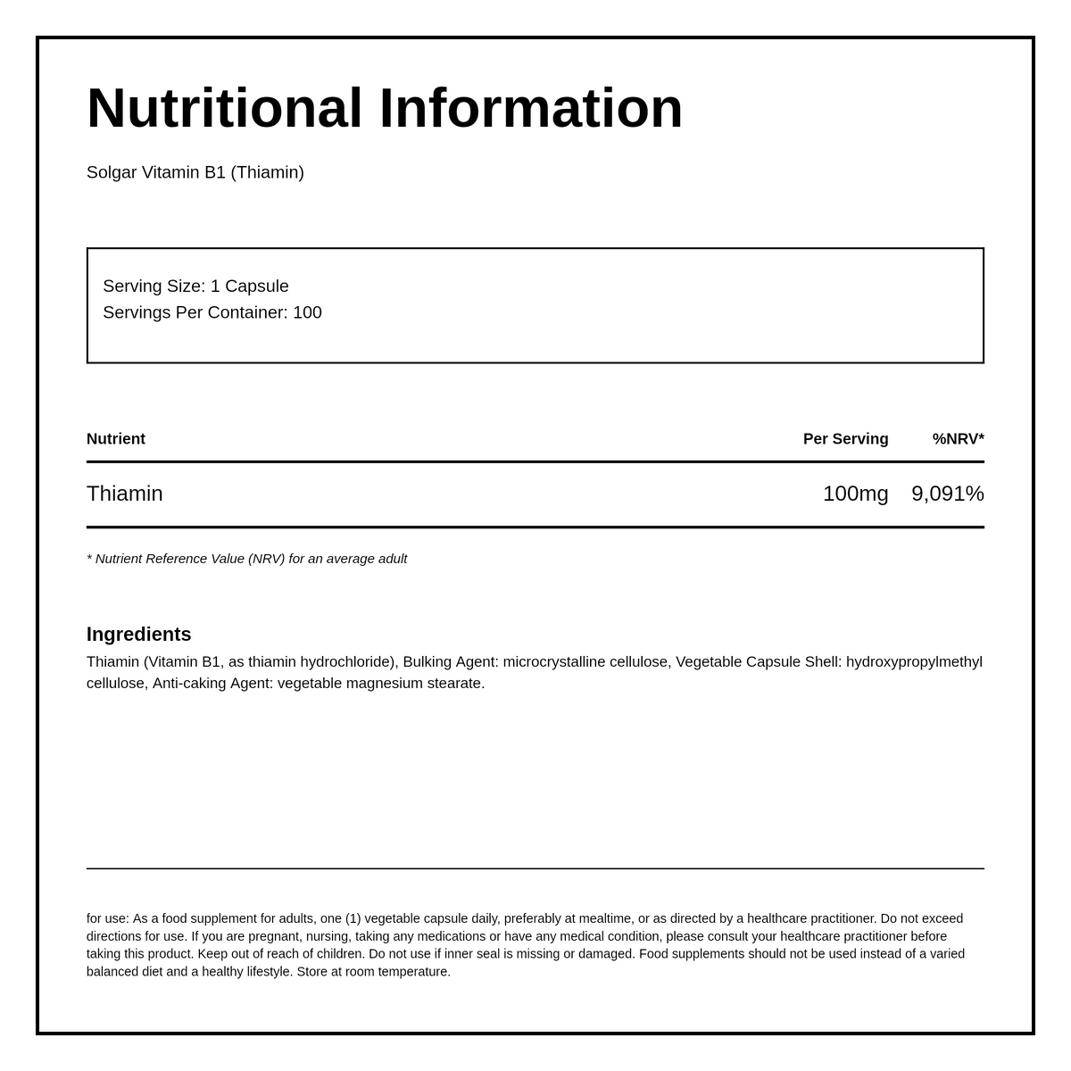 Solgar Vitamin B1 (Thiamin) 100 mg — nutrition information panel, generated from the pack