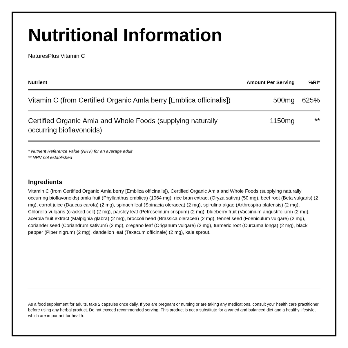 Nature's Plus SOL GARDEN ORGANIC VITAMIN C — nutrition information panel, generated from the pack