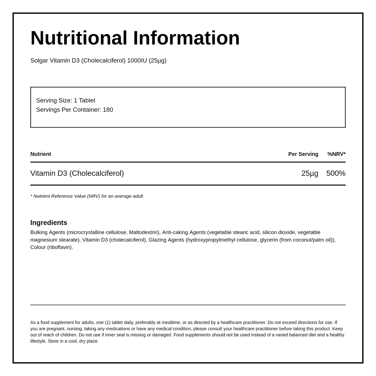 Solgar Vitamin D3 (Cholecalciferol) 1000 IU — nutrition information panel, generated from the pack