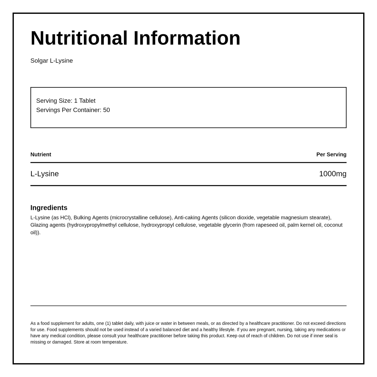 Solgar L-Lysine 1000 mg — nutrition information panel, generated from the pack