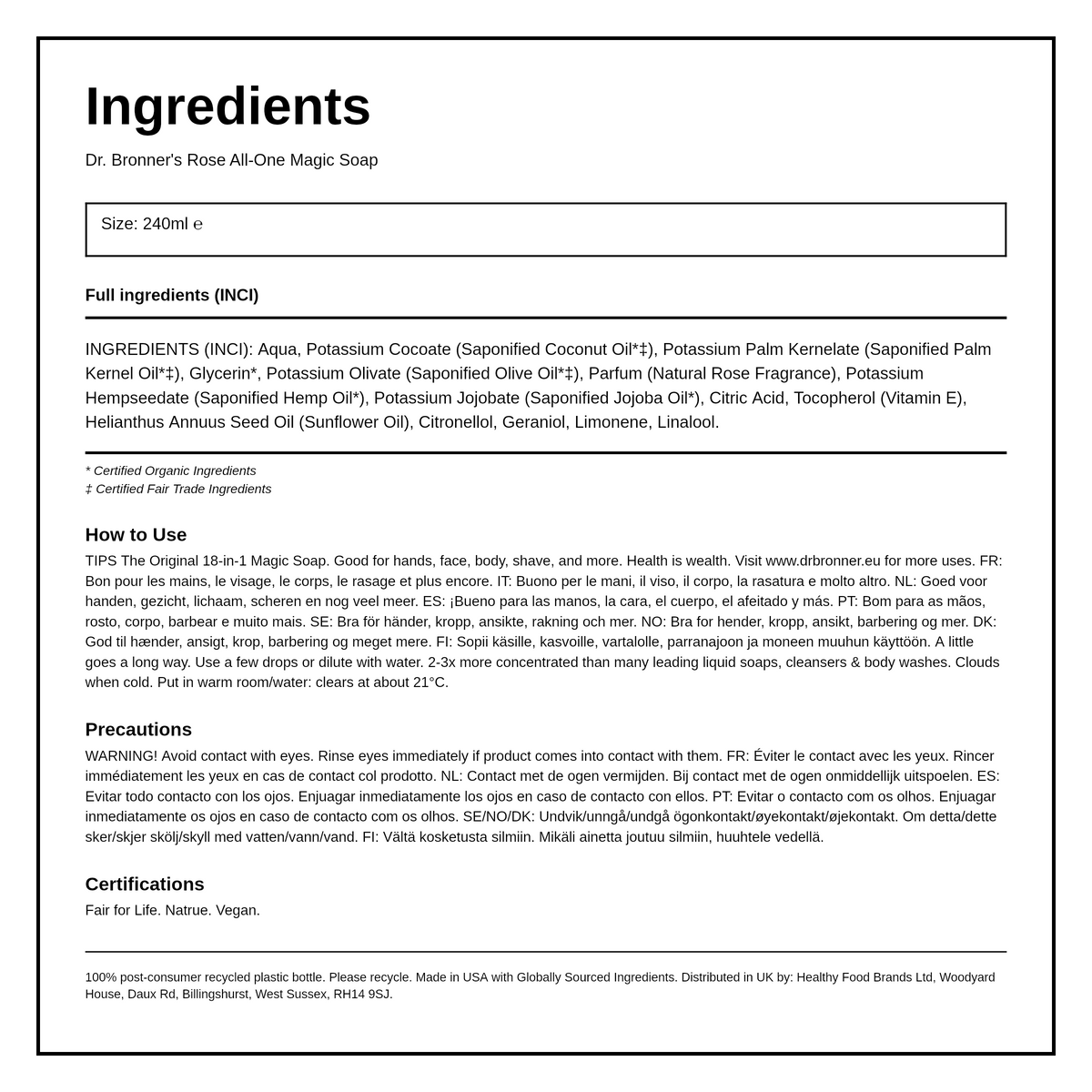 Dr Bronner's Organic Rose All-One Magic Soap — ingredients (INCI) panel, generated from the pack