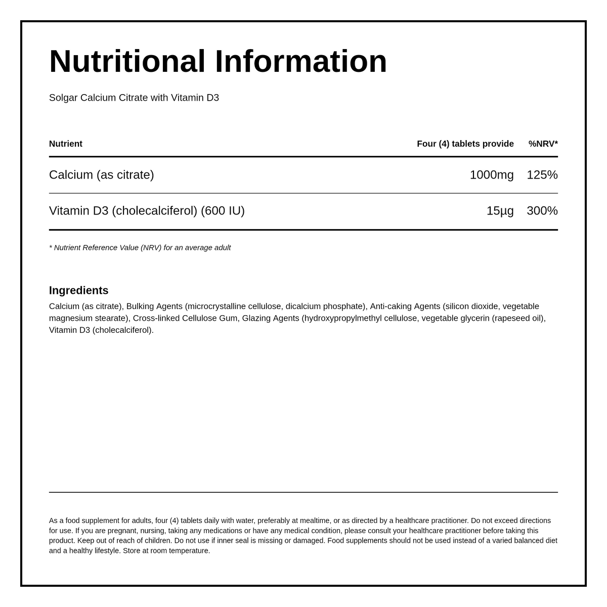 Solgar Calcium Citrate with Vitamin D3 — nutrition information panel, generated from the pack