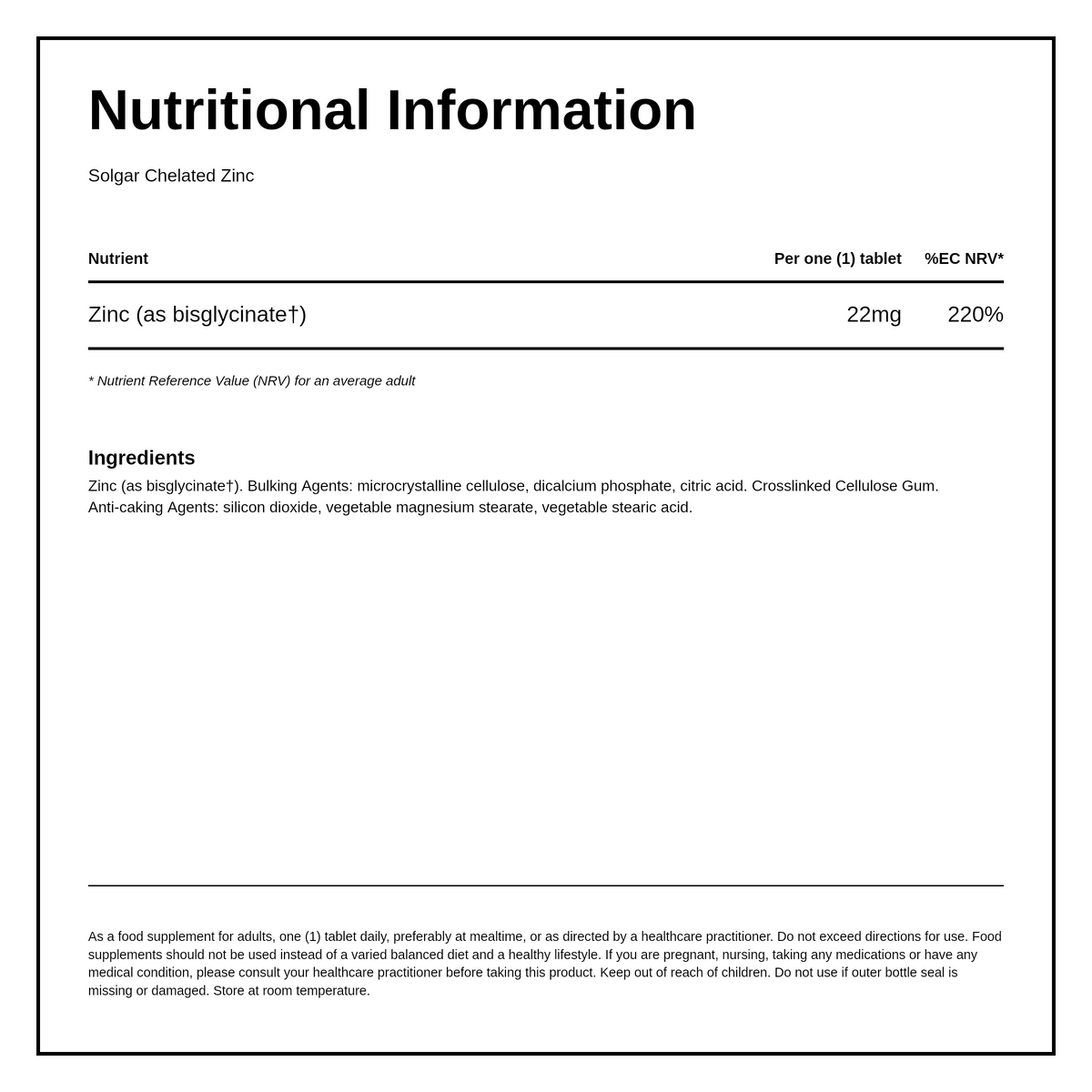 Solgar Chelated Zinc — nutrition information panel, generated from the pack