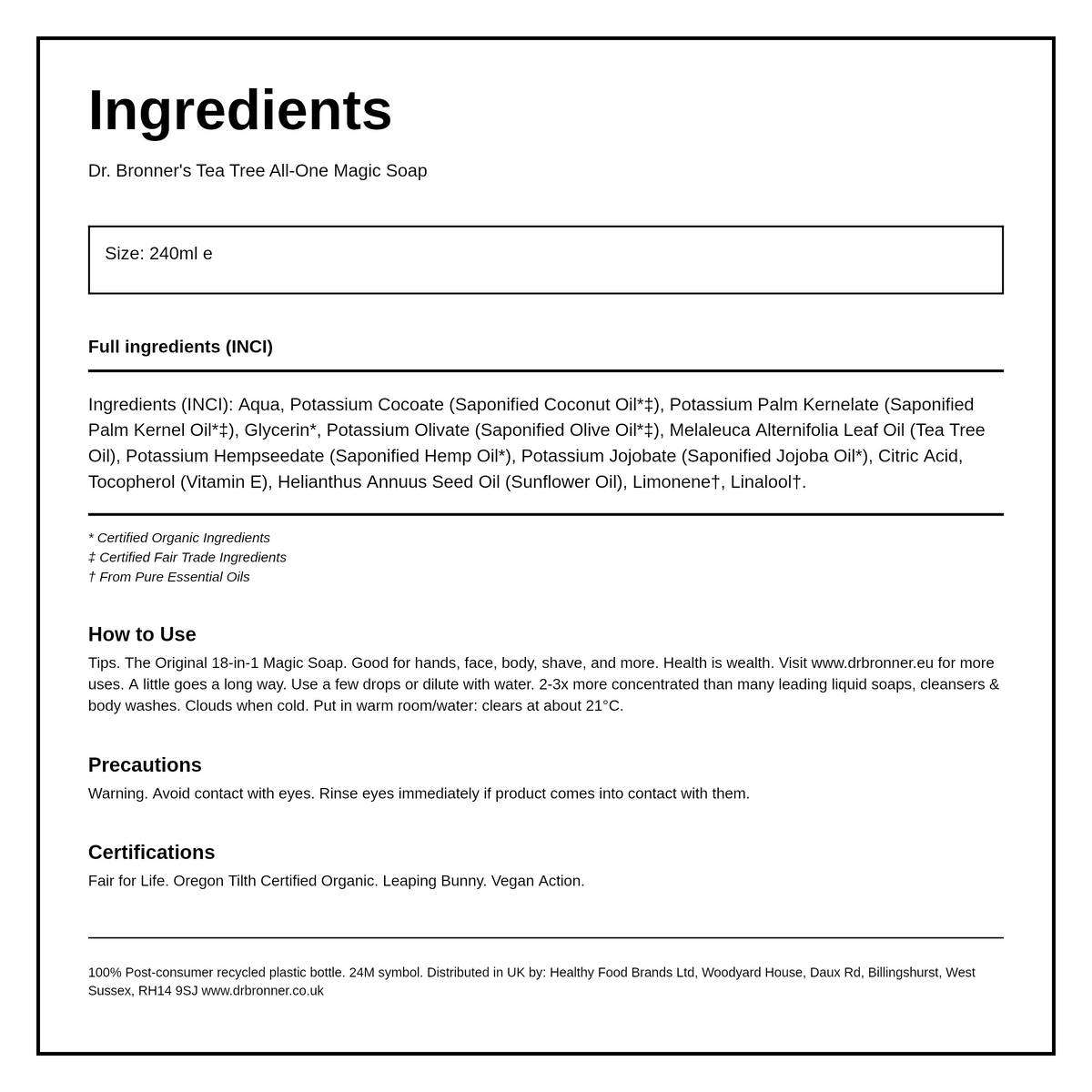 Dr. Bronner's Tea Tree All-One Magic Organic Soap — ingredients (INCI) panel, generated from the pack