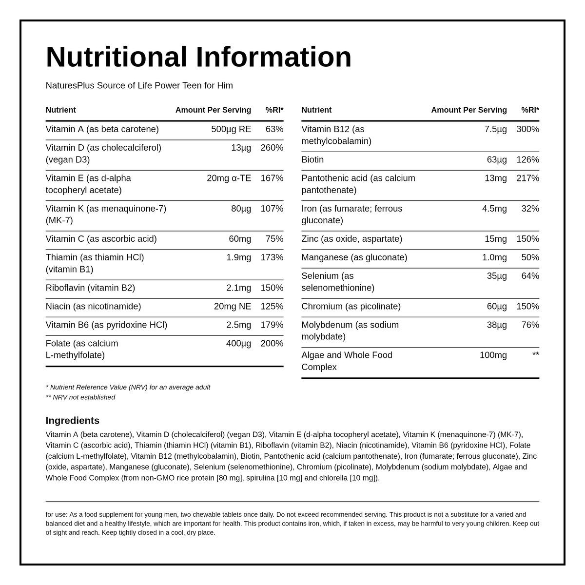 Natures Plus Source of Life POWER TEEN For Him Chewables — nutrition information panel, generated from the pack