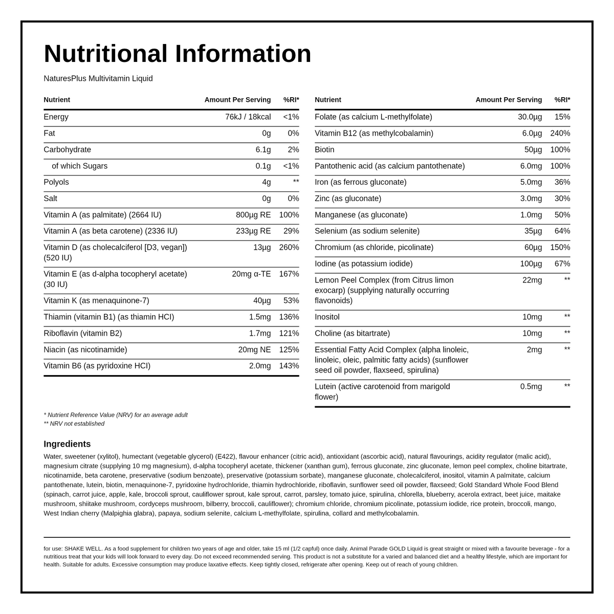Nature's Plus Animal Parade GOLD Liquid 900ml — nutrition information panel, generated from the pack