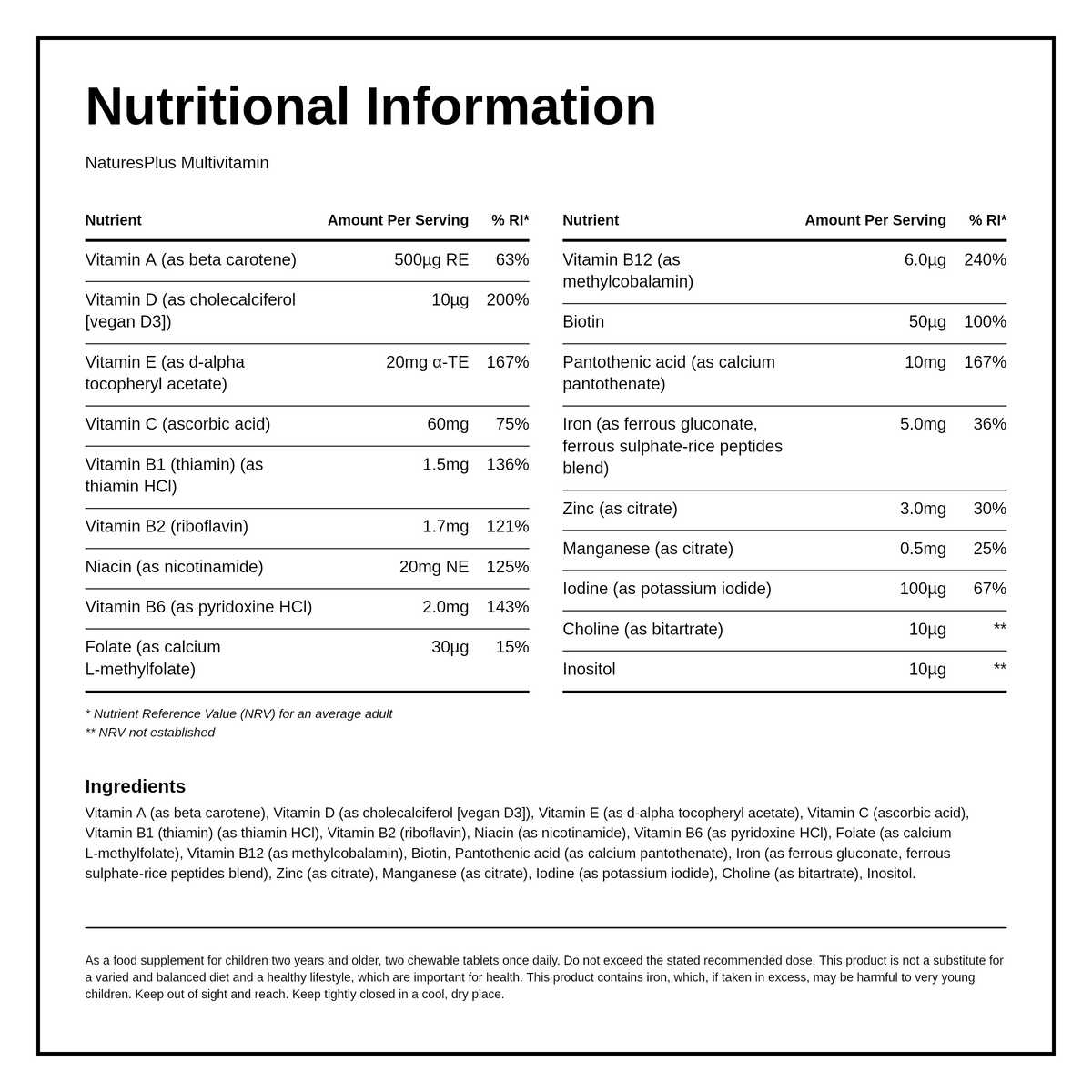 Nature's Plus Animal Parade SOL CHILDREN’S MULTIVITAMIN – Natural Assorted cherry, orange, grape – 180 chewable animal shaped tablets — nutrition information panel, generated from the pack