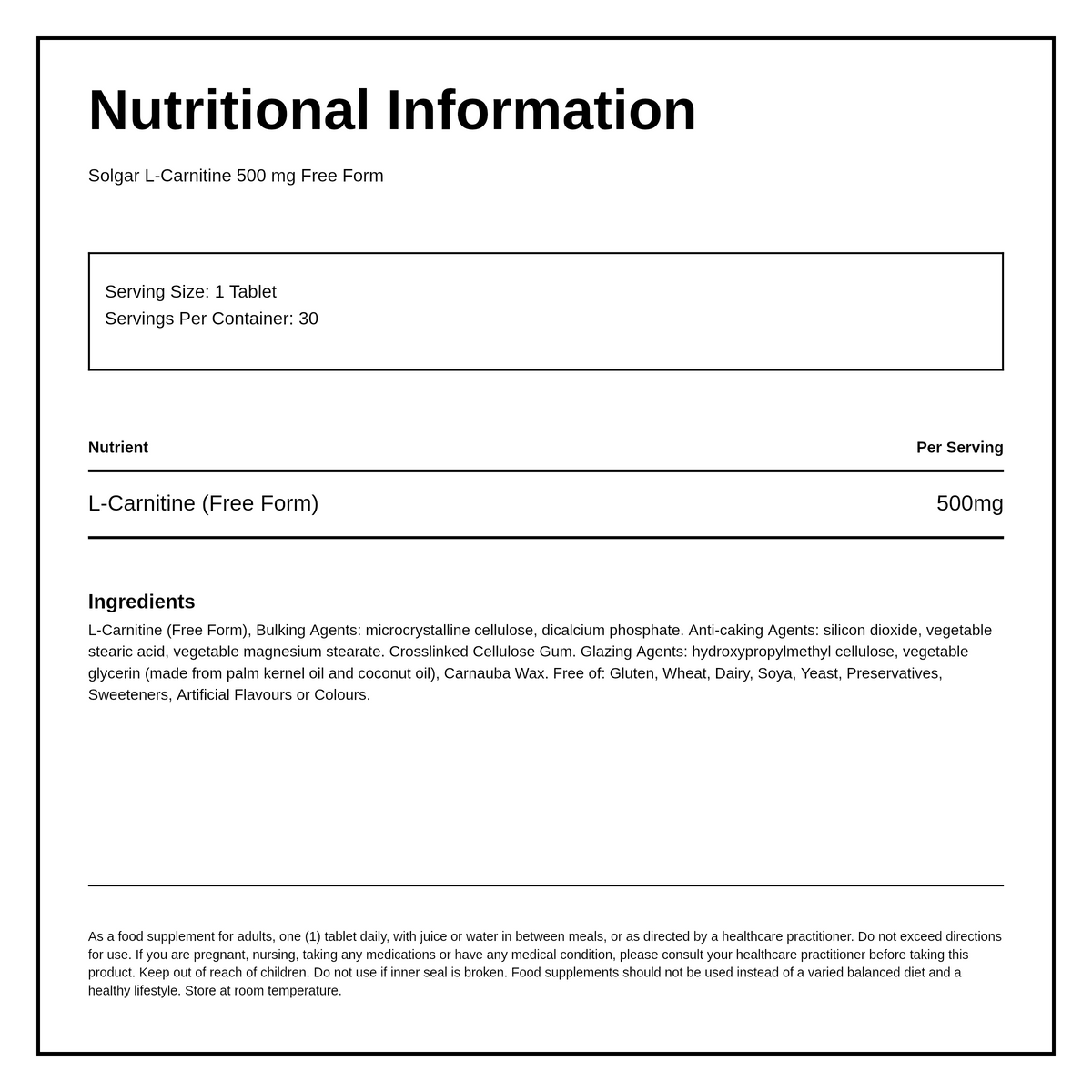 Solgar L-Carnitine 500 mg — nutrition information panel, generated from the pack