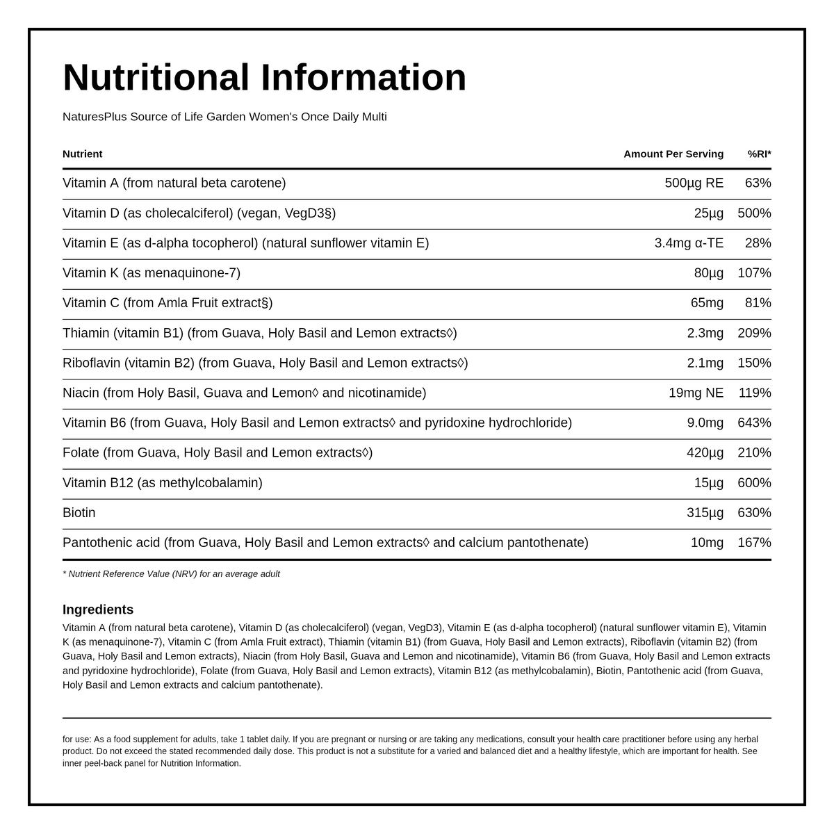 Source of Life Garden Organic Women's Daily Tabs — nutrition information panel, generated from the pack