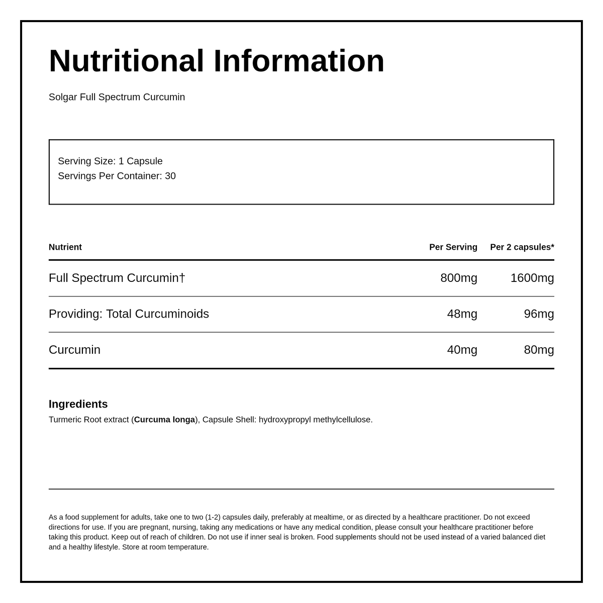 Solgar Full Spectrum Curcumin — nutrition information panel, generated from the pack