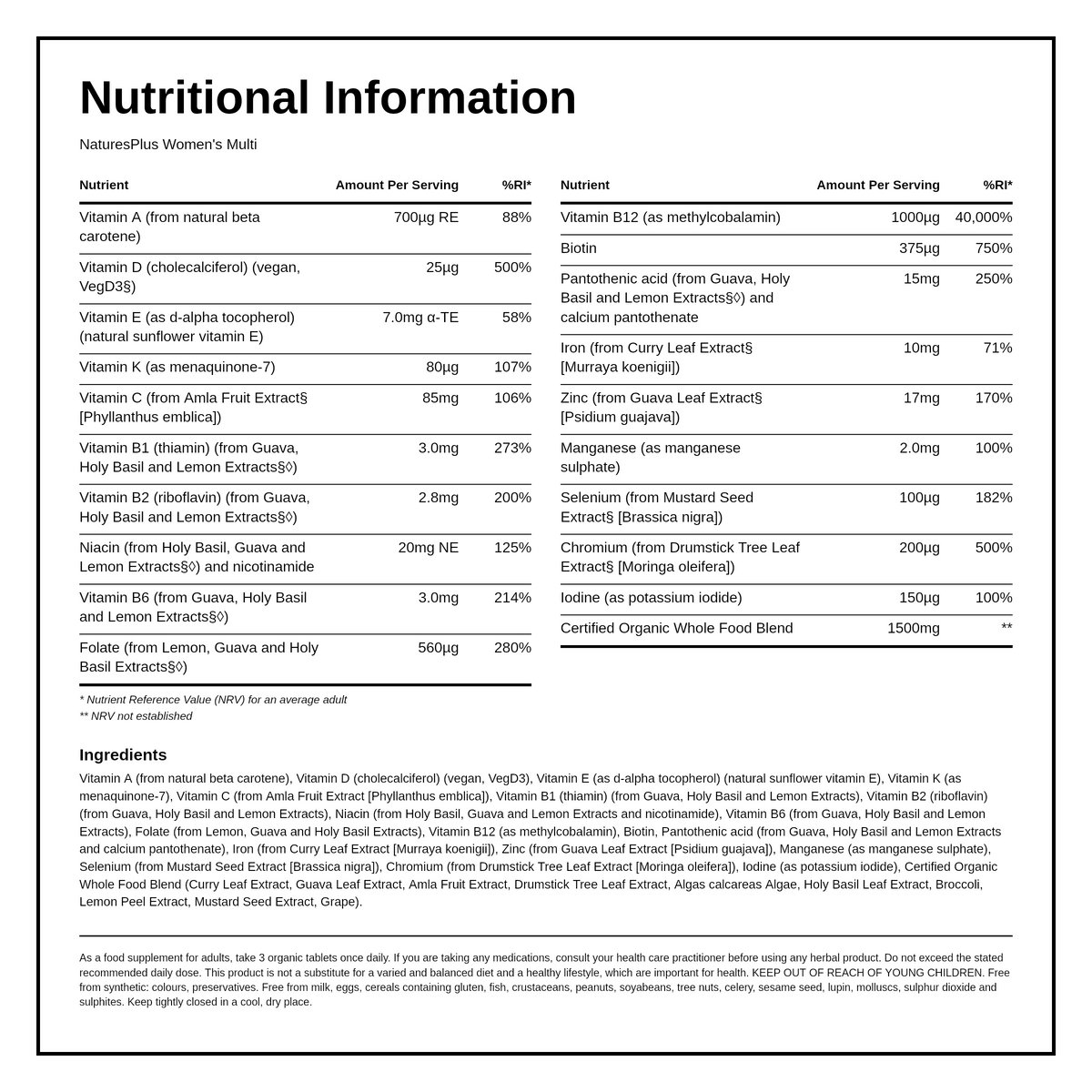 Nature's Plus Source of Life Garden Women's Multi — nutrition information panel, generated from the pack