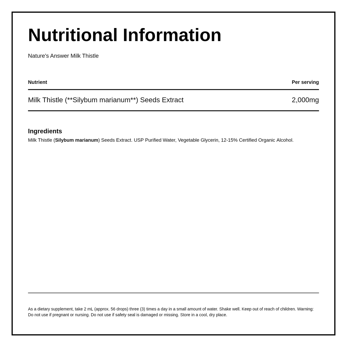 Milk Thistle Seed — nutrition information panel, generated from the pack