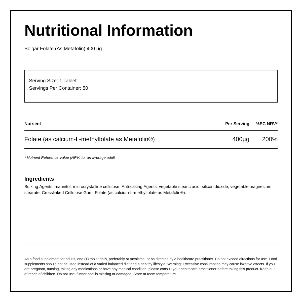 Solgar Folate 400 mcg (as Metafolin) — nutrition information panel, generated from the pack