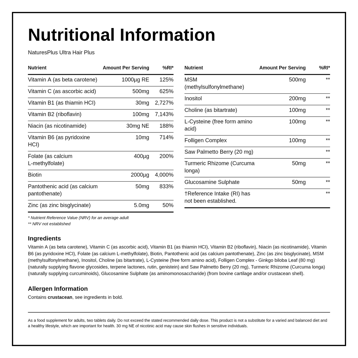 Natures Plus Ultra Hair Plus For Men and Women — nutrition information panel, generated from the pack