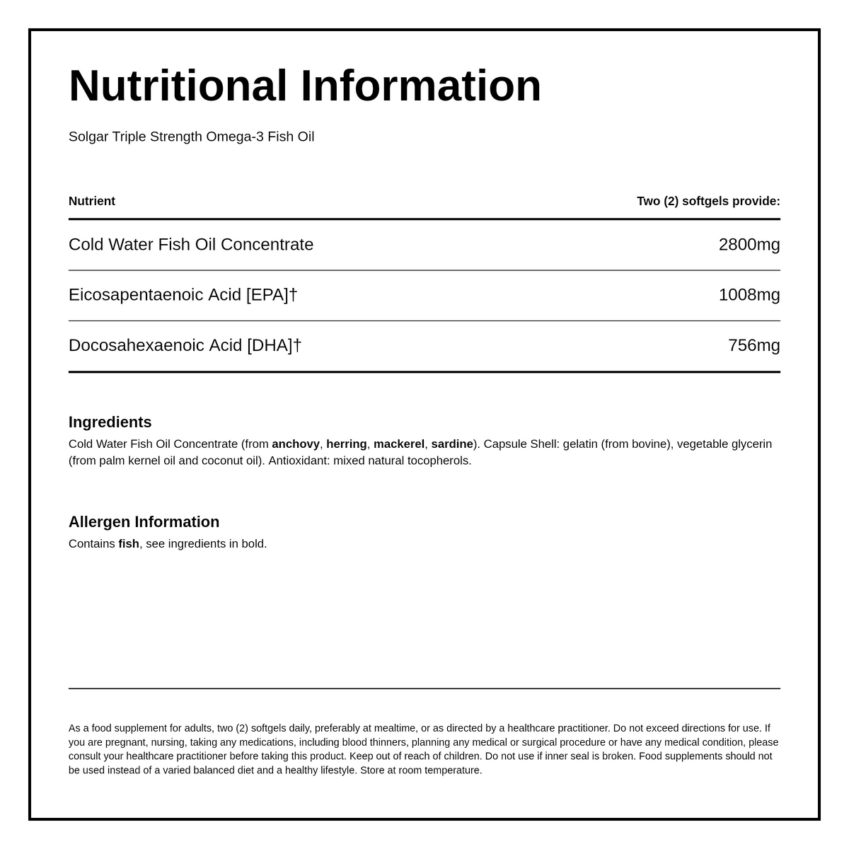 Solgar Triple Strength Omega-3 950mg — nutrition information panel, generated from the pack