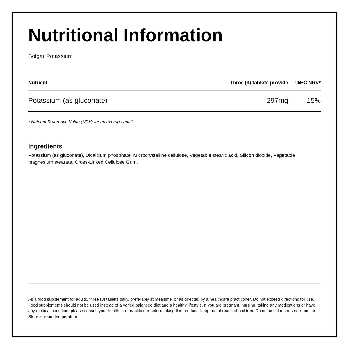Solgar Potassium — nutrition information panel, generated from the pack