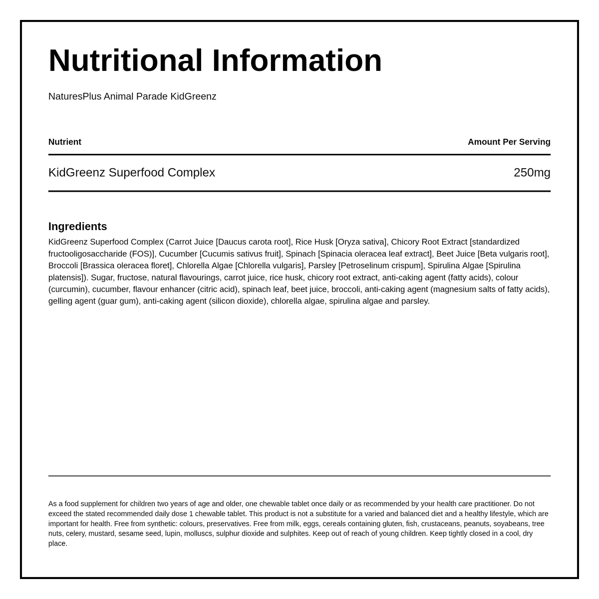 Nature's Plus Animal Parade KIDGREENZ — nutrition information panel, generated from the pack