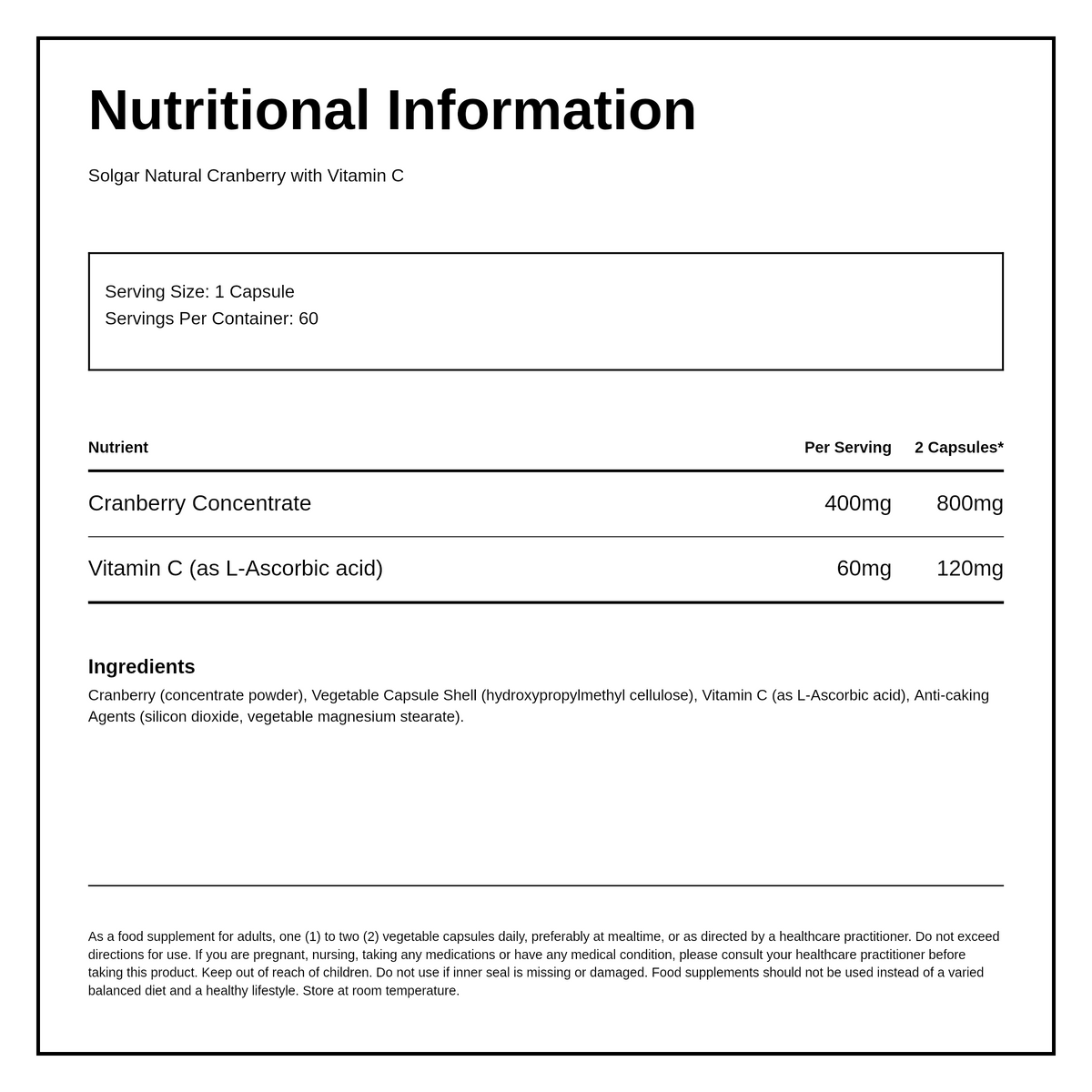Solgar Natural Cranberry with Vitamin C — nutrition information panel, generated from the pack
