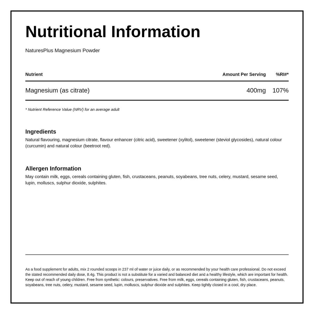 KalmAssure Magnesium Powder - Orange — nutrition information panel, generated from the pack