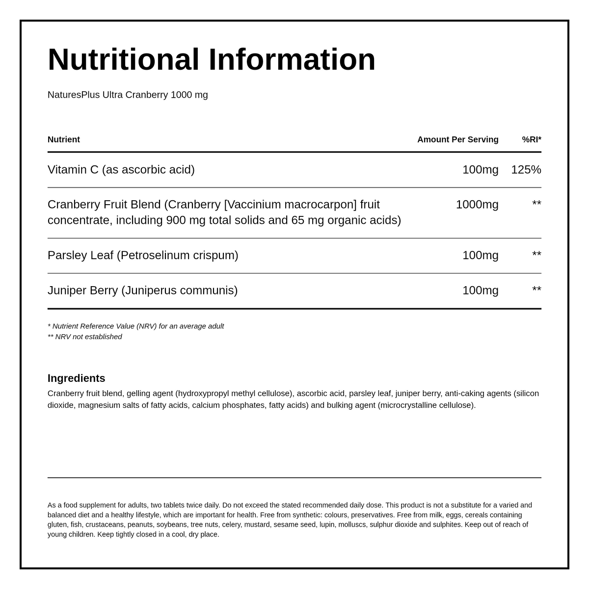 Natures Plus ULTRA CRANBERRY 1000mg Sustained Release Tablets — nutrition information panel, generated from the pack