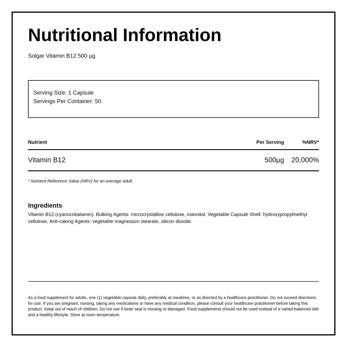 Solgar Vitamin B12 500 µg — nutrition information panel, generated from the pack