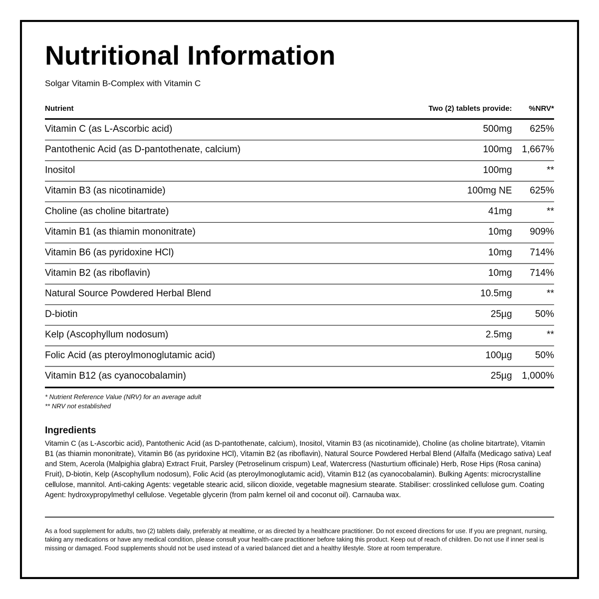 Solgar Vitamin B-Complex with Vitamin — nutrition information panel, generated from the pack